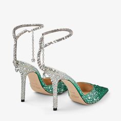 Saeda 100 | Emerald Satin Pumps with Swarovski Crystals | New Collection | JIMMY CHOO Green Louboutin Heels, Jimmy Choo Saeda 100, Fairy Shoe, Jewel Shoes, Jimmy Choo Saeda, California Christmas, Luxury Heels, Fairy Shoes, Crystal Anklet