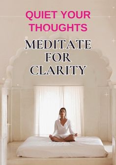 a woman sitting on top of a bed with the words quiet your thoughts meditate for charity