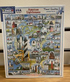 an american lighthouse jigsaw puzzle on a table