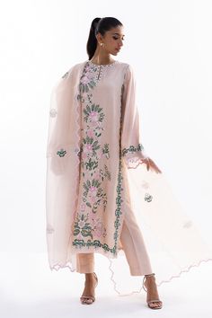 This timeless long shirt silhouette is cut from khaddi silk and is rendered with our signature floral embroidery. An organza dupatta with worked borders and rawsilk trousers complement the look. Elegant Semi-stitched Lawn Suit With Floral Embroidery, Elegant Unstitched Suit With Floral Embroidery For Eid, Designer Cambric Palazzo Set With Intricate Embroidery, Elegant Floral Embroidered Unstitched Suit For Eid, Designer Silk Lawn Suit With Straight Kurta, Silk Lawn Suit With Straight Kurta For Designer Wear, Elegant Unstitched Suit With Floral Embroidery For Designer Wear, Elegant Floral Embroidered Churidar For Weddings, Unstitched Elegant Lawn Suit With Floral Embroidery