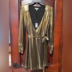 Authentic Gianni Bini Women’s Color Gold, Shimmer, Wraparound Cocktail Dress In Size Large. Purchased At Dillard’s, New With Tags, Never Worn. Bust About 21” Gold Mini Dress For Cocktail Events In Fall, Gold Mini Dress For Fall Cocktail, Gold Mini Dress For Fall Cocktail Events, Gold V-neck Mini Dress For Fall, Wrap Around Dress, Gold Shimmer, Gianni Bini, Large Size Dresses, Wrap Around