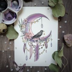 a drawing of a bird sitting on top of a crescent moon with flowers and beads