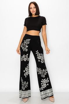 T-Party Soft wide leg flare pants with elastic waistband and floral stamped design. Each pair unique. Length runs a little short. Soft and cozy, feels like you have nothing on. Made in USA. So pretty! Color: Black Sizes: S-M-L-XL Waist 26-28-30-32, Inseam 29-30, fabric is stretchy 93% Micro Modal, 7% Spandex, hand wash or machine cold, made in USAH/MMS75495 Wide Leg Flare Pants, Batik Prints, Black Media, Flare Pants, So Pretty, Wide Leg Pants, Batik, Two Piece Pant Set, Like You