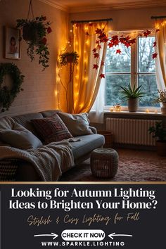 a living room filled with furniture and lots of lights on the window sill above it