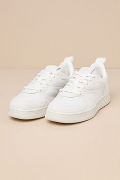 Bring a cute and sporty vibe to all your everyday looks with the Lulus Mezereon White Sneakers! Smooth faux leather and soft faux suede come together to form these cute sneakers that have a round toe with perforated accents and a vintage-inspired design. Lace-up vamp and pull tab at back. Bumper sole completes the look. Available in Euro sizing only. 1" bumper sole. Lightly cushioned insole. Rubber sole has nonskid markings. Man made materials. Imported. Lulus | Mezereon White Sneakers | Size 40 Sporty Platform Sneakers With White Laces, Lace-up Sneakers With Textured Upper For Streetwear, Textured Upper Lace-up Sneakers For Streetwear, Textured Lace-up Sneakers For Streetwear, Sporty Everyday Platform Sneakers With Perforated Toe Box, Comfortable Lace-up Sneakers With Textured Upper, Spring Streetwear Sneakers With Textured Upper, Casual Textured Sneakers For Spring, Trendy High-top Sneakers With Textured Upper