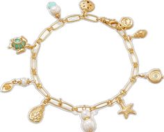 Spartina 449, Bracelet Pearl, Bracelet Charms, Sand Dollar, Gold Plated Chains, Matte Gold, Sea Foam, Chain Link Bracelet, Sea Turtle