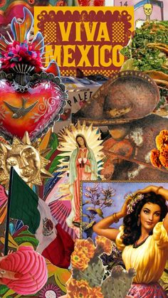 a collage of mexican art and pictures with the words viva mexico on it's side