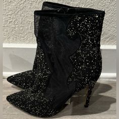 Never Worn Express Black And Silver Glitter Boots With Mesh Sparkling Boots For Party And Holiday, Sparkling Winter Party Boots, Winter Party Sparkling Boots, High Heel Party Boots With Glitter Accents, Party Boots With Shimmer And Pointed Toe, Glamorous Holiday Boots With Round Toe, Glamorous Round Toe Boots For Holidays, Sequin Boots For Evening Parties, Sequined Boots For Evening Party Season