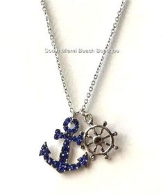 Anchor Wheel Necklace Silver Plated Blue Crystal 19" Nautical Boat Ship Island South Miami Beach, Sea Life Jewelry, Life Jewelry, South Miami, Beach Boutique, Anchor Necklace, Nautical Jewelry, Themed Jewelry, Necklace Blue