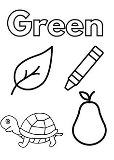 green coloring page with an image of a turtle, pear and leaves