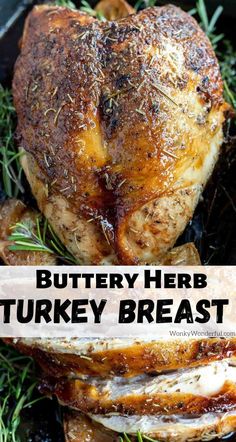 buttery herb turkey breast with rosemary sprigs on the side and text overlay