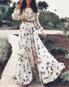 Random  Butterfly Printed Off Shoulder Fashion Summer Beach Dresses Glamorous Closet, Butterfly Maxi Dress, Skirt Tops, Flowered Dress, Chique Outfit, Butterfly Print Dress, Long Skirt Outfits, Bohemian Skirt, Long Beach Dress