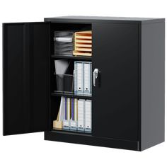 a black cabinet with files and folders in it's doors open to reveal an office file