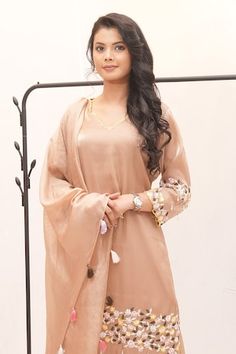 Beige kurta with thread embroidered floral motifs, pearl sequin embellishments and scalloped borders. Comes with culottes, undershirt and dupatta. - Aza Fashions Eid Sets With Sheer Dupatta, Beige Kurta, Women Kurta, Straight Kurta, Set Women, Floral Motifs, Aza Fashion, Floral Motif, Three Quarter