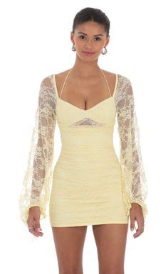 Lace Ruched Long Sleeve Dress in Yellow | LUCY IN THE SKY Hoco Dresses Yellow, Ruched Pencil Skirt, Ruched Long Sleeve Dress, Pretty Homecoming Dresses, Cute Homecoming Dresses, Banquet Dresses, Cute Prom Dresses, Dress Makeup, Sheer Chiffon