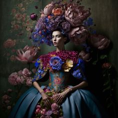 a woman in a blue dress with flowers on her head and hands behind her back