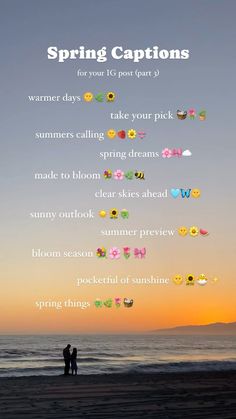 two people standing on top of a beach next to the ocean with text that reads spring captions