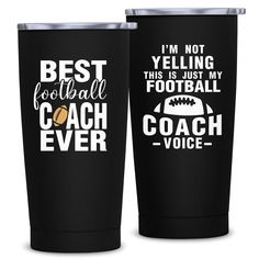 two black tumblers with the words best football coach ever and an image of a football ball