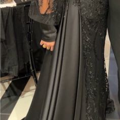 Black Fancy Lace Dress Black Long Sleeve Gala Gown, Black Long Sleeve Evening Dress For Gala, Elegant Black Gown For Night Out, Black Long Sleeve Gown For Gala, Elegant Dresses With Sweep Train For Night Out, Elegant Night Out Dress With Sweep Train, Fitted Black Evening Gown, Black Fitted Evening Gown, Black Fitted Gown For Evening