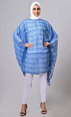 Blue Islamic Kaftan Printed Tunic - EastEssence.com Relaxed Fit Long Sleeve Cover-up For Vacation, Relaxed Fit Long Sleeve Top For Beach Cover-up, Blue Tunic Cover-up For Spring, Oversized Long Sleeve Tunic For Beach Cover-up, Relaxed Fit Long Sleeve Dress For Beach Season, Summer Long Sleeve Kaftan For Beach Cover-up, Blue Casual Kaftan For Poolside, Casual Blue Kaftan For Poolside, Bohemian Long Sleeve Dresses For Poolside