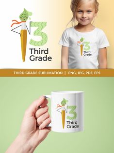 the third grade logo is printed on this coffee mug and it's being held by a child