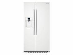 a white refrigerator freezer sitting in front of a white wall with a water dispenser on the door