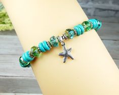 beach bracelet starfish charm turquoise jewelry Mood Bracelet, Starfish Bracelet, Beach Bracelets, Ocean Jewelry, Ocean Inspired, Turquoise Howlite, Ocean Inspiration, Beach Jewelry, Turquoise Beads