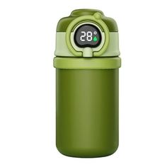 a green thermos bottle with an alarm clock on it