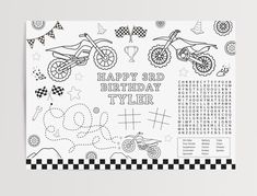 a black and white birthday card with an image of two bikes on it, the words happy