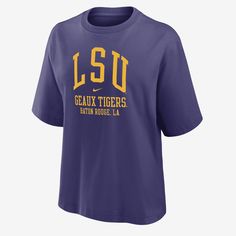 Made with soft cotton, this roomy LSU tee gives you a relaxed look without feeling too oversized and lets your cheer on the Tigers in comfort. Nike Cotton T-shirt For Loungewear, Oversized Nike T-shirt With Graphic Print, Nike Purple Crew Neck T-shirt, Nike Relaxed Fit Tops For College, Nike Relaxed Fit College Tops, Nike Sporty Loungewear T-shirt, Purple Letter Print Tops For Loungewear, Nike Graphic Print Tops For Loungewear, Nike Graphic Print Loungewear Top