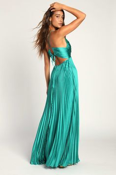 Green Maxi Dress - Open Back Dress- Pleated Satin Dress - Lulus Cute Dresses For Weddings Guest, Formal Dresses Green, Sorority Formal Dress, Wedding Guest Dress Inspiration, Satin Prom Dress Long, Turquoise Bridesmaid Dresses, Pleated Satin Dress, Long Formal Gowns, Prom Dress Inspiration