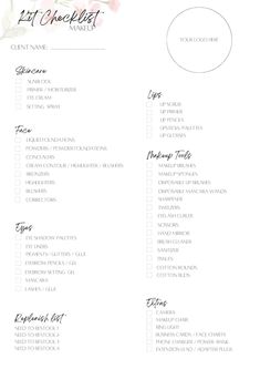 This make-up kit checklist sheet has been designed for all pro make-up artists and beauty enthusiasts who would like to use them for clients when booked for a bridal make-up trial or prepping for an upcoming event or merely just to keep track of stock. This product is a digital product which is printable and can be edited on Canva where you can make it your own: - Add your company logo - Play around with colours - Play around with different fonts - Add fun elements Make Up Kit Professional, Bridal Makeup Kit Products List, Bridal Makeup Business, Digital Makeup, Makeup Artist Kit Essentials, Makeup Artist Tools, Basic Makeup Kit, Logo Play, Make Up Kits