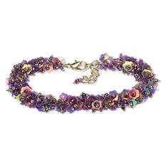 Clusters of light purple AB sequins flash with a range of pink, yellow, purple and green hues on this ready-to-wear bracelet. This eye-catching bracelet is sure to attract attention to wrists or counter displays. Purple Bracelet Jewelry For Party, Iridescent Bracelet For Party, Purple Round Beads Jewelry For Festive Occasion, Purple Beaded Jewelry For Festive Occasions, Flower-shaped Colorful Beads Jewelry For Party, Purple Flower Shaped Beaded Bracelets, Purple Flower-shaped Beaded Bracelets, Purple Metal Bracelet For Party, Purple Metal Bracelets For Party