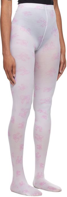 Stretch nylon jersey tights in pink. · Graphic pattern printed throughout · Elasticized waistband · Reinforced toes Supplier color: Pink Pink Stretch Footless Legwear, Fitted Pink Footless Tights, Fitted Footless Pink Tights, Pink Stretch Footless Hosiery, Pink Tight Footless Legwear, Pink Footless Tights, Pink Footless Leggings For Spring, Footless Pink Leggings For Spring, Pink Stretch Tights For Loungewear