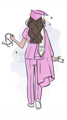 a drawing of a woman in pink graduation gown and cap holding a pair of scissors