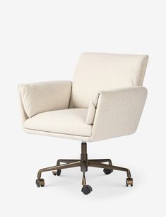 an office chair with wheels and a white upholstered fabric on the backrest