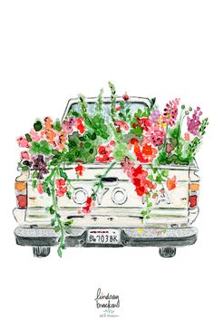 a watercolor painting of a car with flowers in the back and on the side