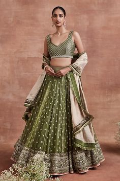 Olive 24 kali attached cancan lehenga with gold zari, cutdana, pearl embroidery in floral pattern. Paired with handwoven brocade padded blouse and dupatta embellished with zari and cut dana velvet border and green silk tissue frill. - Aza Fashions Sweetheart Blouse, Embroidered Bridal Lehenga, Cancan Lehenga, Brocade Lehenga, Blouse Lehenga, Lehenga Pattern, Pearl Embroidery, Set Saree, Green Lehenga