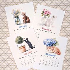 three calendars with pictures of cats and flowers on them, one is for each month