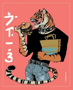 a tiger eating a burger while holding a bagel