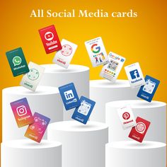 all social media cards are on top of each other in the same direction, with different colors and shapes