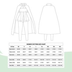 the size chart for women's satinen - sewn cape top and pants