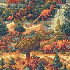 an image of dinosaurs in the wild with trees and bushes around them, as well as other animals