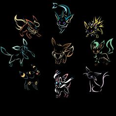 six different colored pokemons on black background