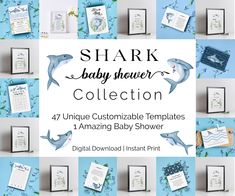 the shark baby shower collection includes four unique baby shower items and one amazing baby shower printable