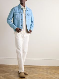 DESIGNED BY MR PORTER. Wardrobe classics that offer years of sartorial mileage are Mr P.'s specialty. In a retro-inspired light-blue wash, this trucker jacket is cut from premium denim and meant to only get better with washes and wear. Lower Impact Materials. This product is made using at least 50% lower-impact materials or ingredients. Find out more about our Consciously Crafted criteria here. Light Blue Denim Jacket Men, Classic Cotton Denim Jacket With Welt Pockets, Classic Rigid Denim Jacket For Spring, Classic Spring Denim Jacket In Rigid Denim, Classic Long Sleeve Rigid Denim Jacket, Casual Selvedge Denim Jacket In Denim Blue, Spring Denim Outerwear With Selvedge Detail, Spring Selvedge Denim Outerwear, Classic Light Wash Relaxed Fit Denim Jacket