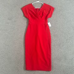 Nwt Xs Red Short Sleeve Midi Dress For Cocktail, Red Midi Length Bodycon Dress For Formal Occasions, Red Short Sleeve Midi Dress For Evening, Chic Red Short Sleeve Bodycon Dress, Red V-neck Bodycon Dress For Work, Red Bodycon V-neck Dress, Red Midi Workwear Dress, Red V-neck Bodycon Dress, Red Midi Dress For Work