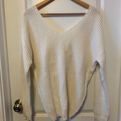 White Knit Sweater With A Twist Back (Never Worn) Casual White Chunky Knit V-neck Sweater, Cozy White Textured Knit V-neck Sweater, Casual White Ribbed V-neck Sweater, White Casual Chunky Knit V-neck Sweater, Tree Sweater, White Knit Sweater, Love Tree, Colorful Sweaters, Knit Sweater