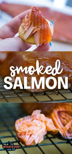 someone is holding up some smoked salmon on a rack with the words smoked salmon above it