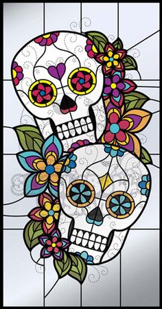 a stained glass window with two sugar skulls and flowers on the bottom, against a white background